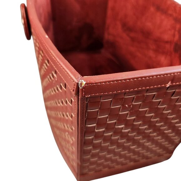 Woven Faux Leather and Wood Basket With Handle - Rectangular Design Deep Red Col - Picture 14 of 14